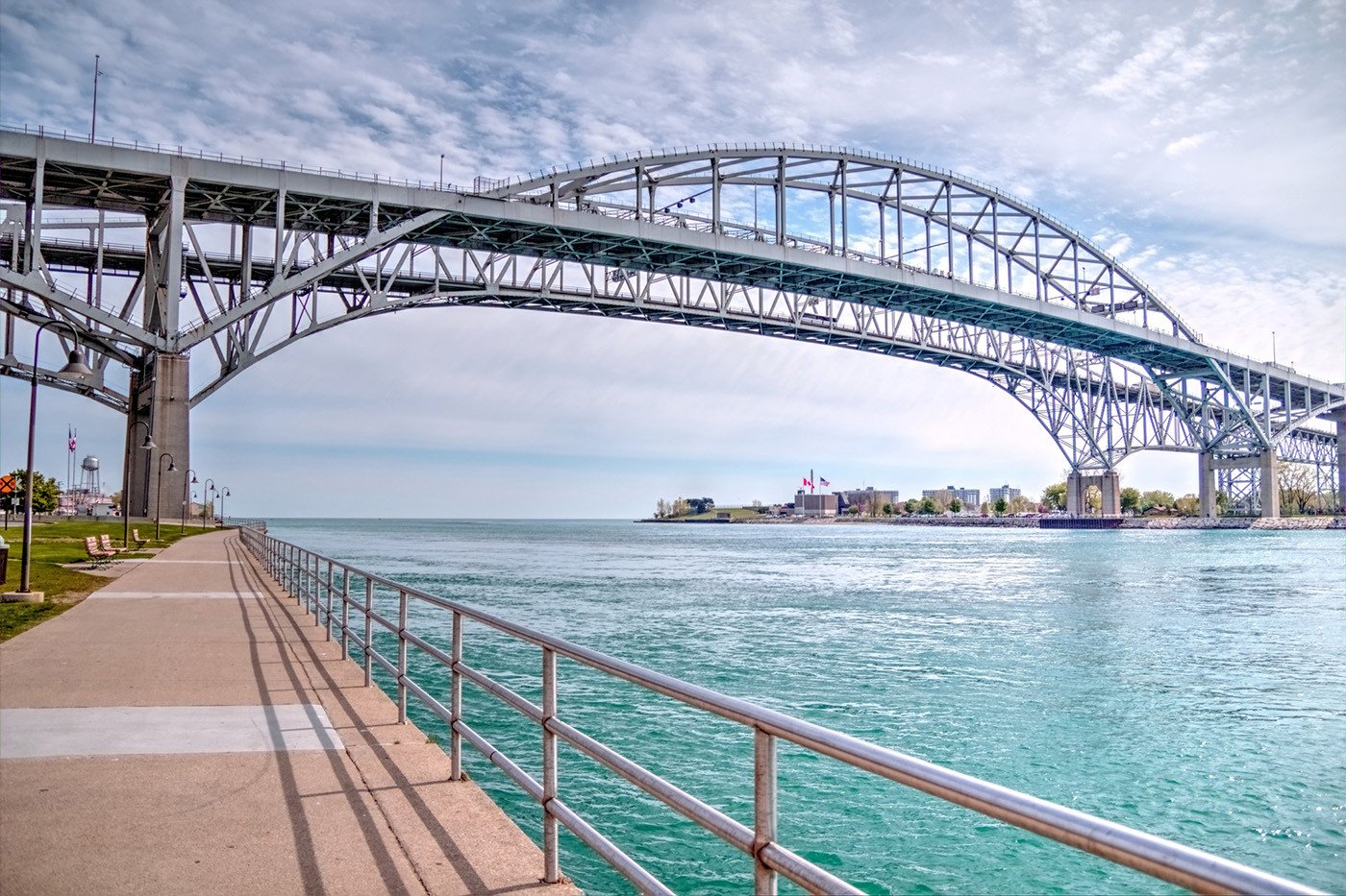 The twin spans of the Blue Water Bridges as viewed underneath from the riverwalk